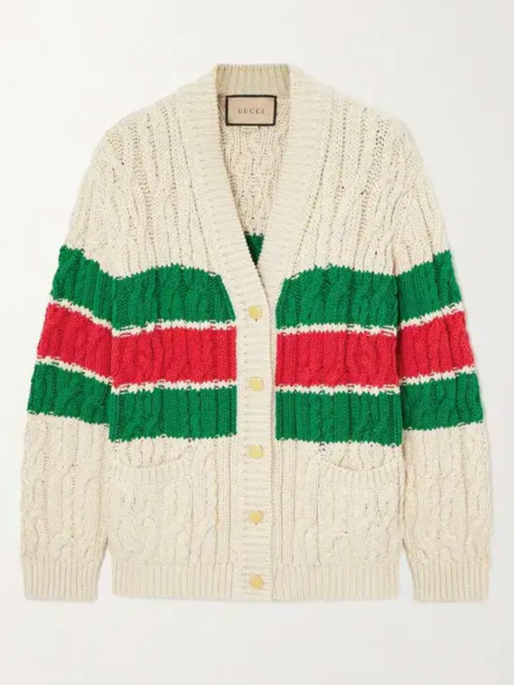 PRISTINE Gucci Striped Cable-Knit Cotton-Blend Cardigan